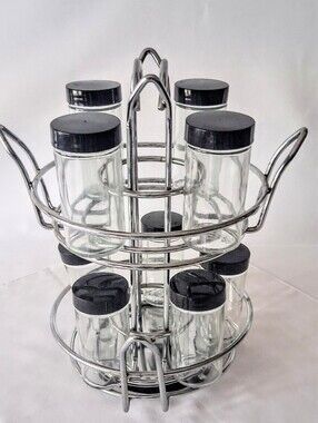 Vintage Chrome Spice Rack & Glass Jars - Lazy Susan Base